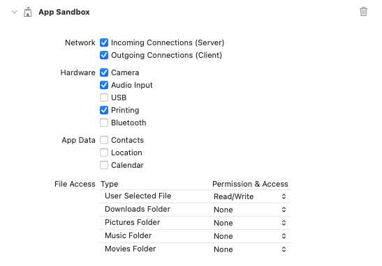 MacOS WebRTC App Sandbox example